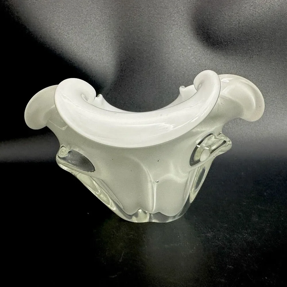 Vtg White Cased Art Glass Handkerchief Bowl MCM Sculptural Decor Murano Style